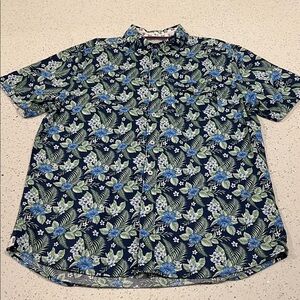 INTERNATIONAL REPORT Vacation Floral Print Navy Blue Green Button Shirt Size L